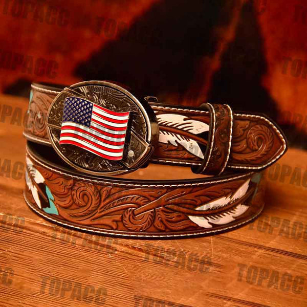 Waist 42-46 inch Western Leather Feather Belt - Block Buckle