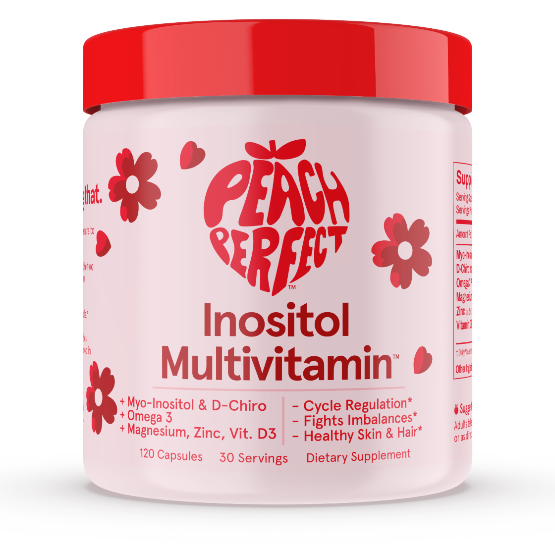 Peach Perfect Inositol Multivitamin container with red lid and label on a white background