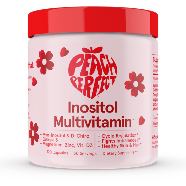 Peach Perfect Inositol Multivitamin container with red lid and label on a white background