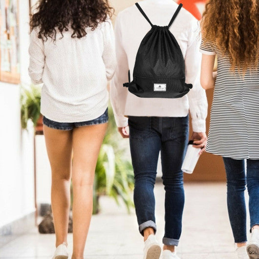 Drawstring Backpack String Bag Foldable Sports Sack with Zipper Pocket-Black