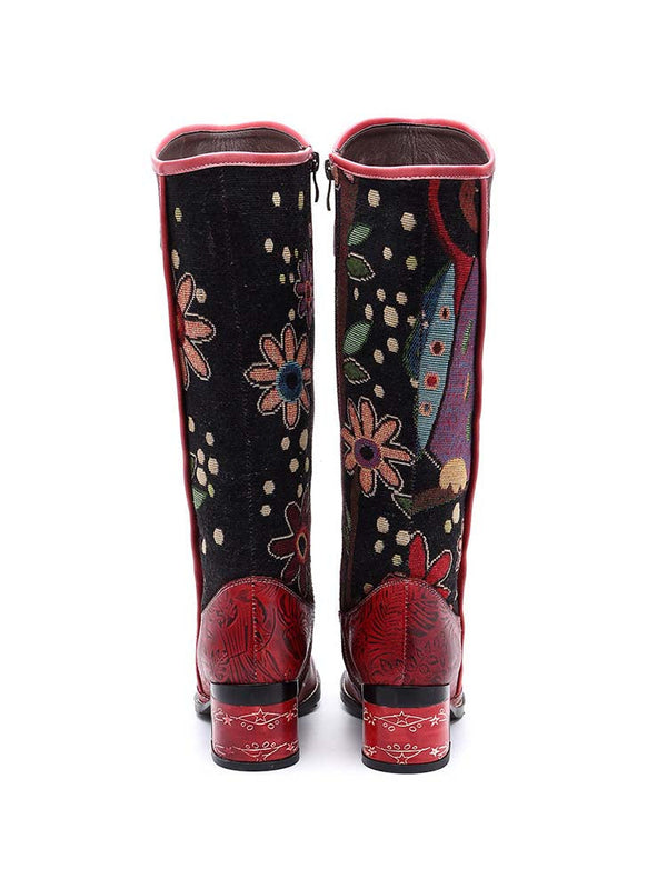 Bohemian Leather Block Heel Long Boots