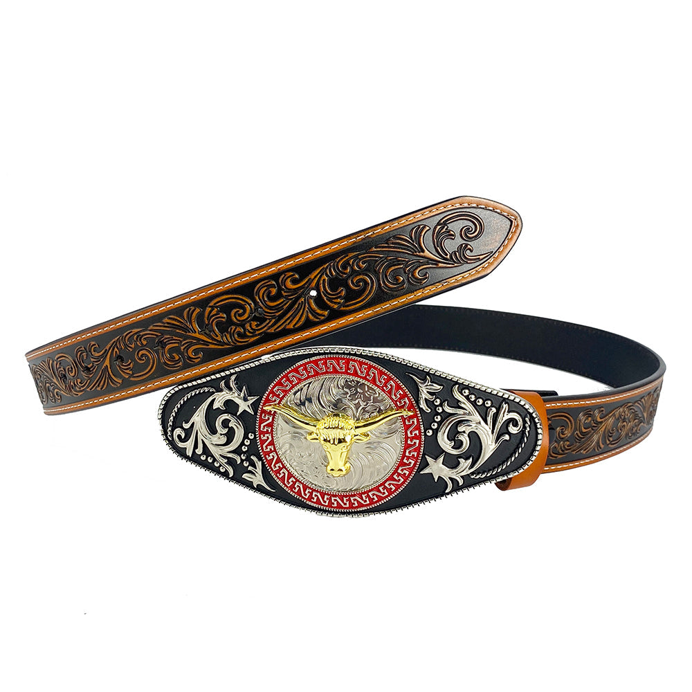 TOPACC Western Genuine Leather Pattern Tooled Belt - Rodeo Longhorn Bull Engraved Flower Belt Buckle