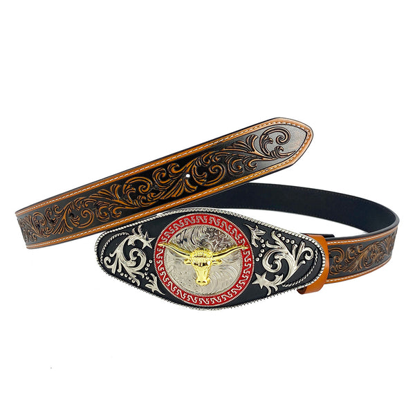 TOPACC Western Genuine Leather Pattern Tooled Belt - Rodeo Longhorn Bull Engraved Flower Belt Buckle