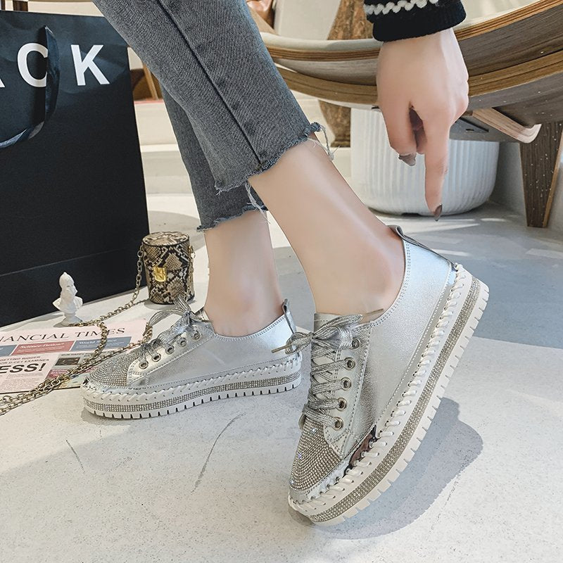 Womens Leopard Sneakers Women Canvas Shoes Leisure Lace-Up Sneakers Rhinestone Shiny Flat Charming Shoes Platform Leisure Low Sneakers