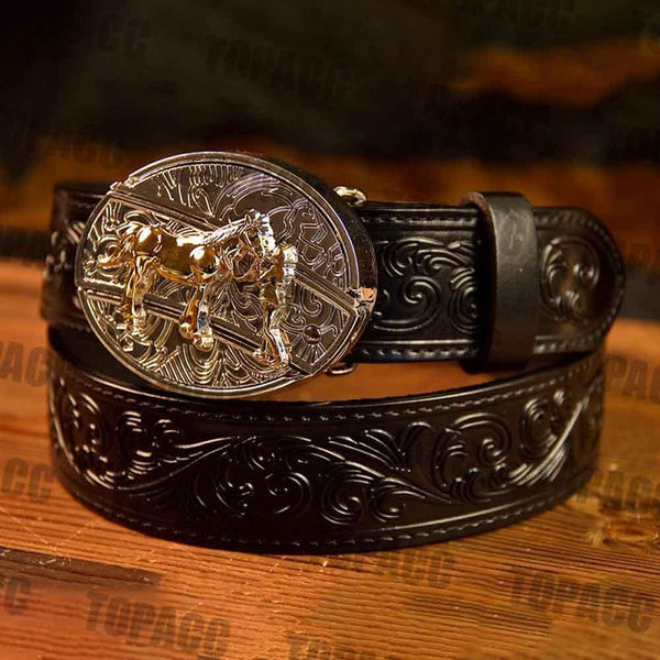 Black Leather Belt with Two-tone Strap Holder Buckle - Gifts for You 'n Me
