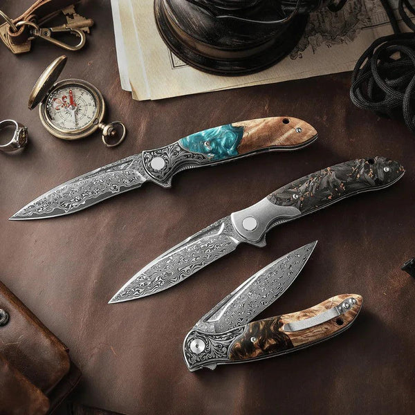 Requiem VG10 Ultralight Damascus Folding Pocket Knife with Titanium & Carbon Fiber Handle - Gifts for You 'n Me