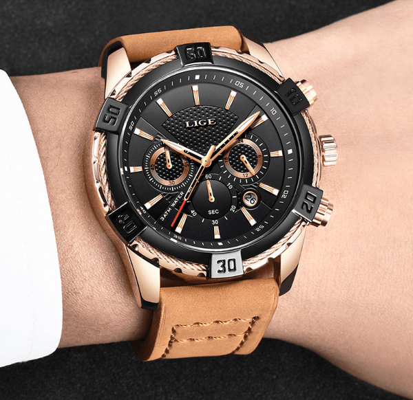 Men's Waterproof Watch With Chronometers Date Display Gold Detail Excellent Background Perfect Gift