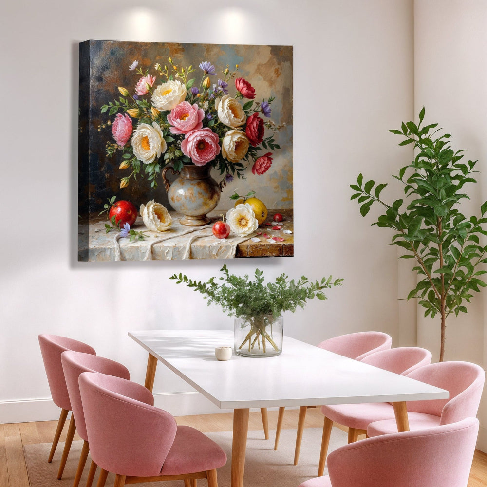 Floral painting on a wall above a dining table with pink chairs.