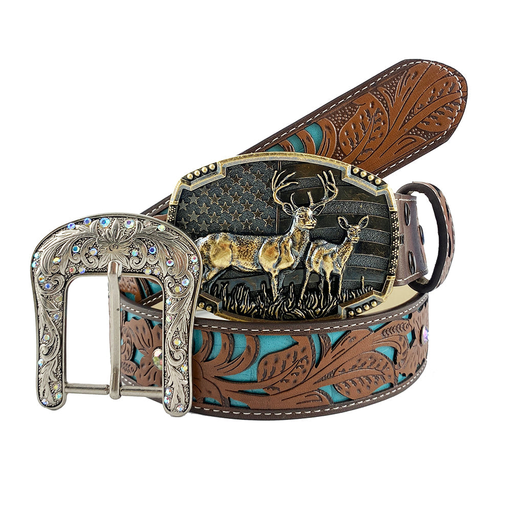 TOPACC Western Turquoise Belts - Deer American flag Belt Buckle Copper/Bronze