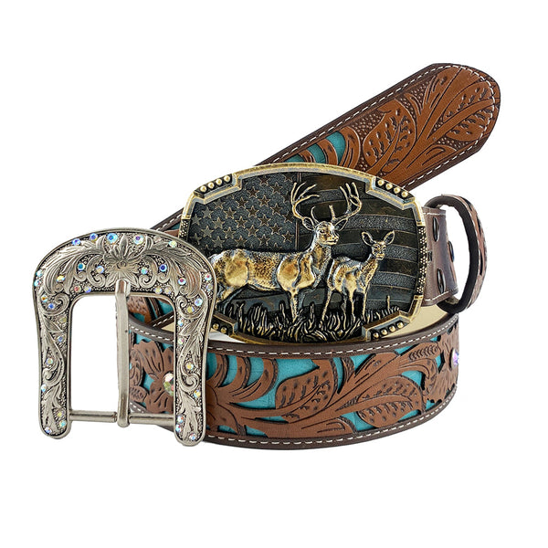 TOPACC Western Turquoise Belts - Deer American flag Belt Buckle Copper/Bronze