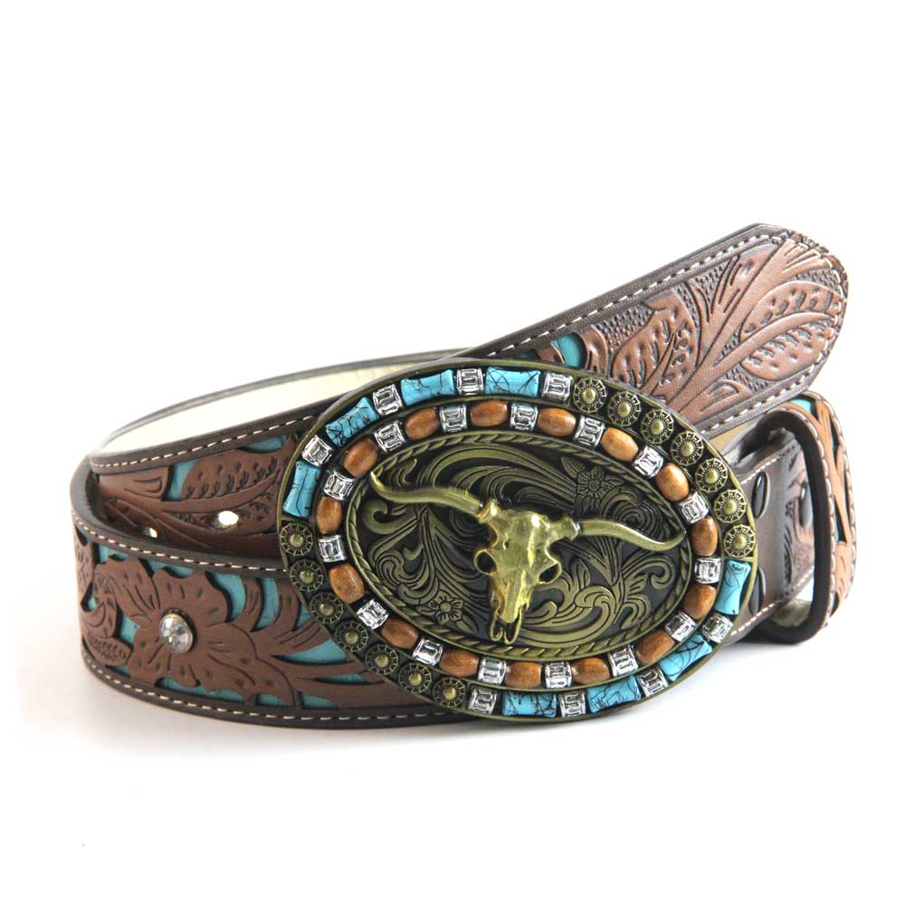 TOPACC Western Turquoise Belts - Turquoise Longhorn Cow Bull Belt Buckle Copper/Bronze