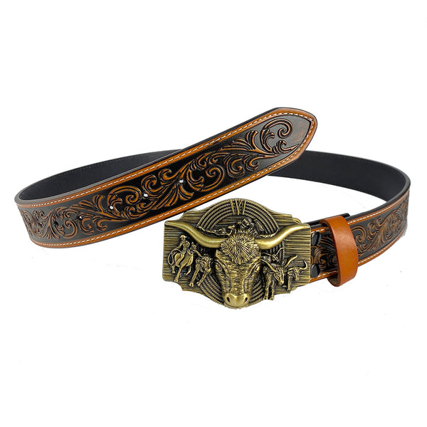 TOPACC Western Genuine Leather Pattern Tooled Belt-Longhorn Cow Belt Buckle Horseback Riding Copper/Bronze