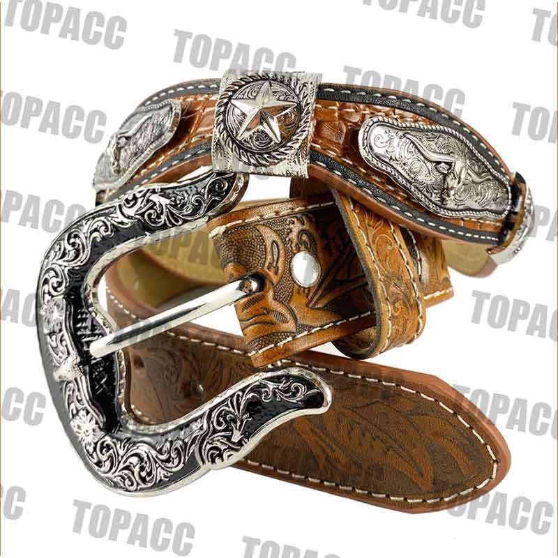 TOPACC Western Super Concho Silver Longhorn Cow Bull Brown Country Belts Genuine Leather - Gifts for You 'n Me