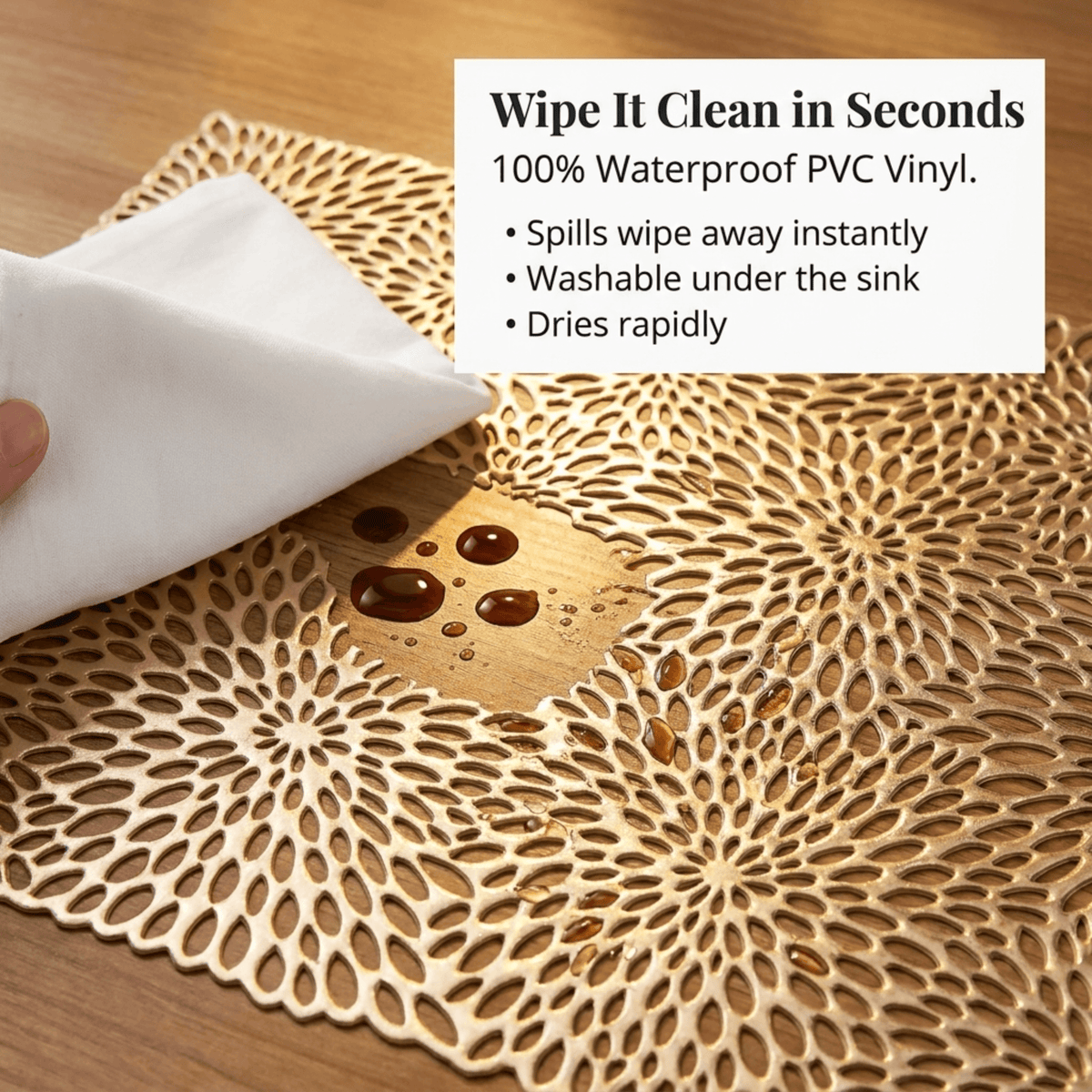 PVC Placemats - Gold Non Slip Table Mats | Heat Resistant Indoor Outdoor Set