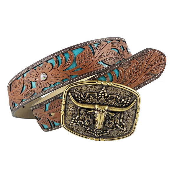 TOPACC Western Turquoise Belts - Pattern Longhorn Cow Belt Buckle Copper/Bronze - Gifts for You 'n Me