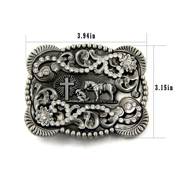 TOPACC 3D Rectangle Western Cowboy Horse Prayer Cross Belt Buckle Black Gold/Bronze
