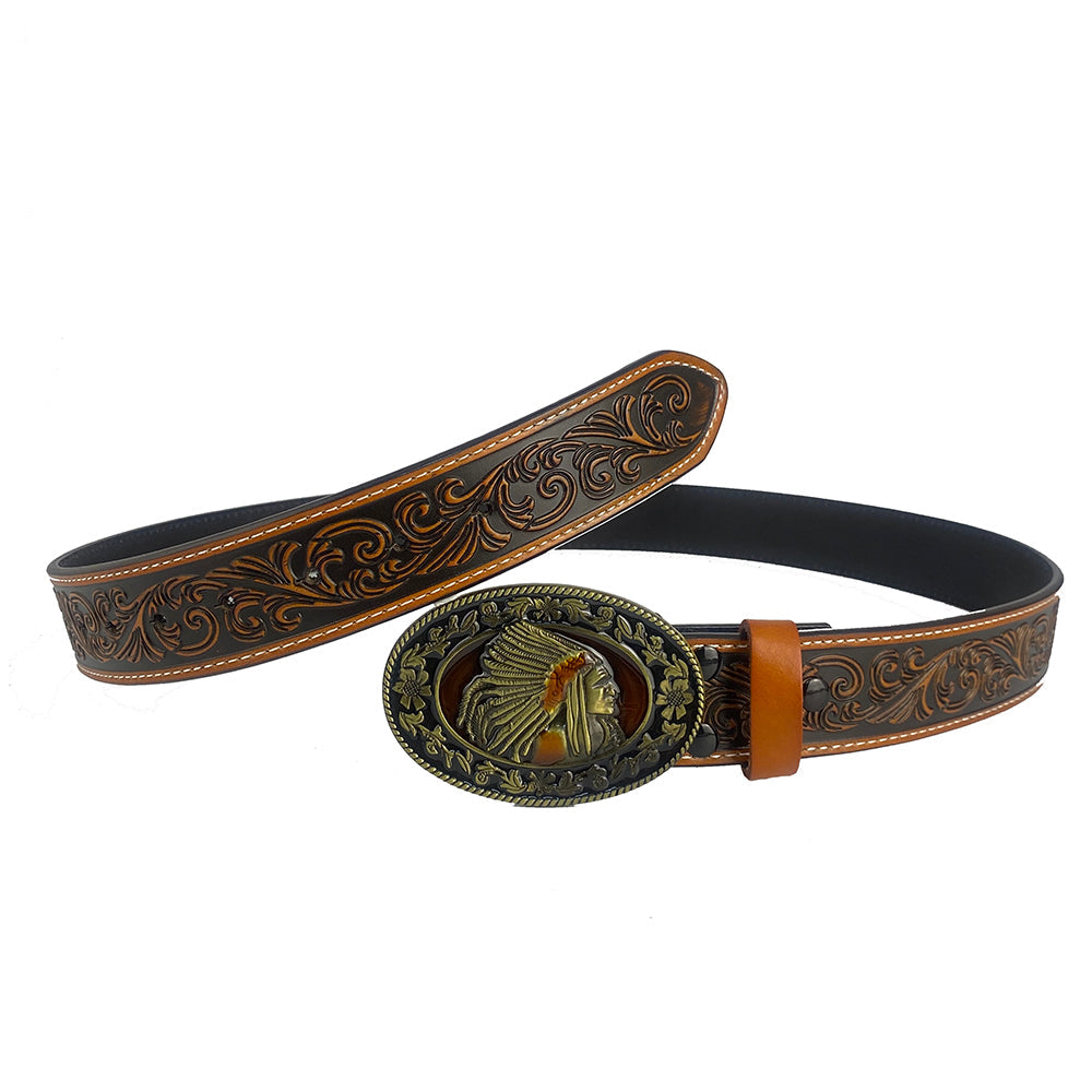 TOPACC Western Genuine Leather Pattern Tooled Belt-Indians Bronze drip oil Belt Buckle