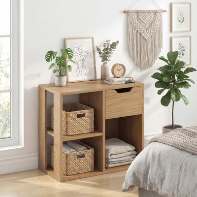 3-Cube Bookcase 2-tier Wooden Storage Shelf with Pull-out Drawer-Natural
