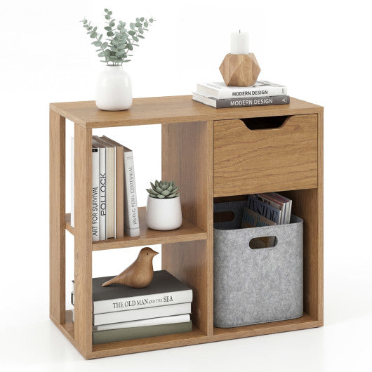 3-Cube Bookcase 2-tier Wooden Storage Shelf with Pull-out Drawer-Natural