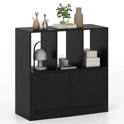 3-Cube Bookcase with Doors 3-Tier Cubic Bookshelf with Open Compartments and Cabinet-Black