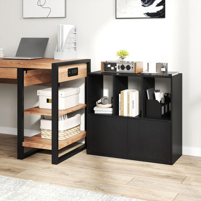 3-Cube Bookcase with Doors 3-Tier Cubic Bookshelf with Open Compartments and Cabinet-Black