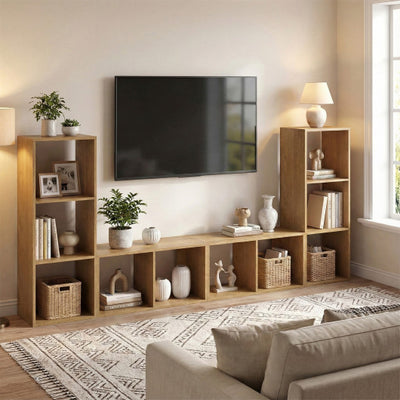 3 Cube Bookshelf with Back Guardrail for Living Room Bedroom-Natrual