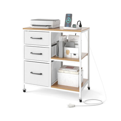 3 Drawer Mobile File Cabinet with Charging Station Rolling Printer Stand with Open Storage Shelves-Natural