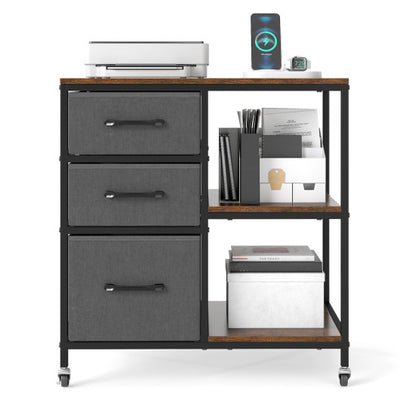 3 Drawer Mobile File Cabinet with Charging Station Rolling Printer Stand with Open Storage Shelves-Brown