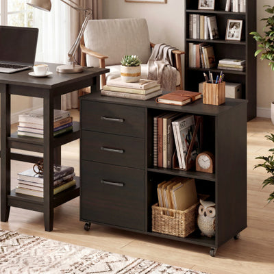 3-Drawer Mobile Lateral File Cabinet Printer Stand-Espresso