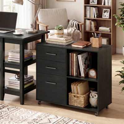 3-Drawer Mobile Lateral File Cabinet Printer Stand-Black