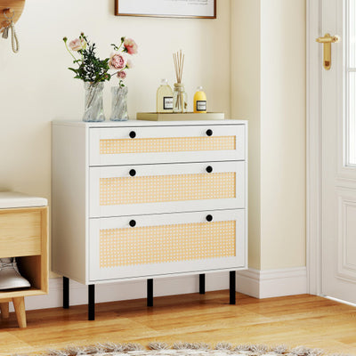 3-Drawer Rattan Nightstand Boho Chest of Drawers for Bedroom-White