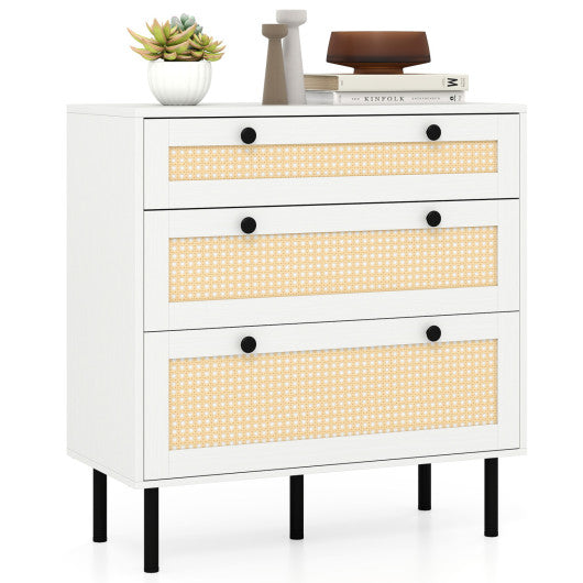 3-Drawer Rattan Nightstand Boho Chest of Drawers for Bedroom-White