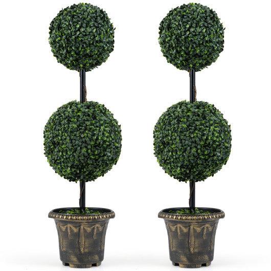 3 FT Artificial Boxwood Topiary Tree Double Ball Shrubs Set of 2