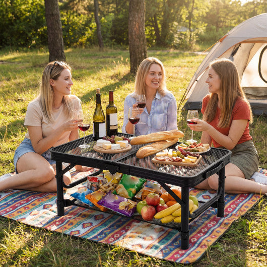 3-Height Folding Picnic Table with Large Storage Net and Handle-Black