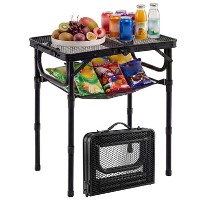 3-Height Folding Picnic Table with Large Storage Net and Handle-Black