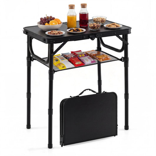 3-Height Folding Camping Table with Large Storage Net & Handle-Black