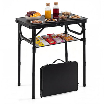 3-Height Folding Camping Table with Large Storage Net & Handle-Black