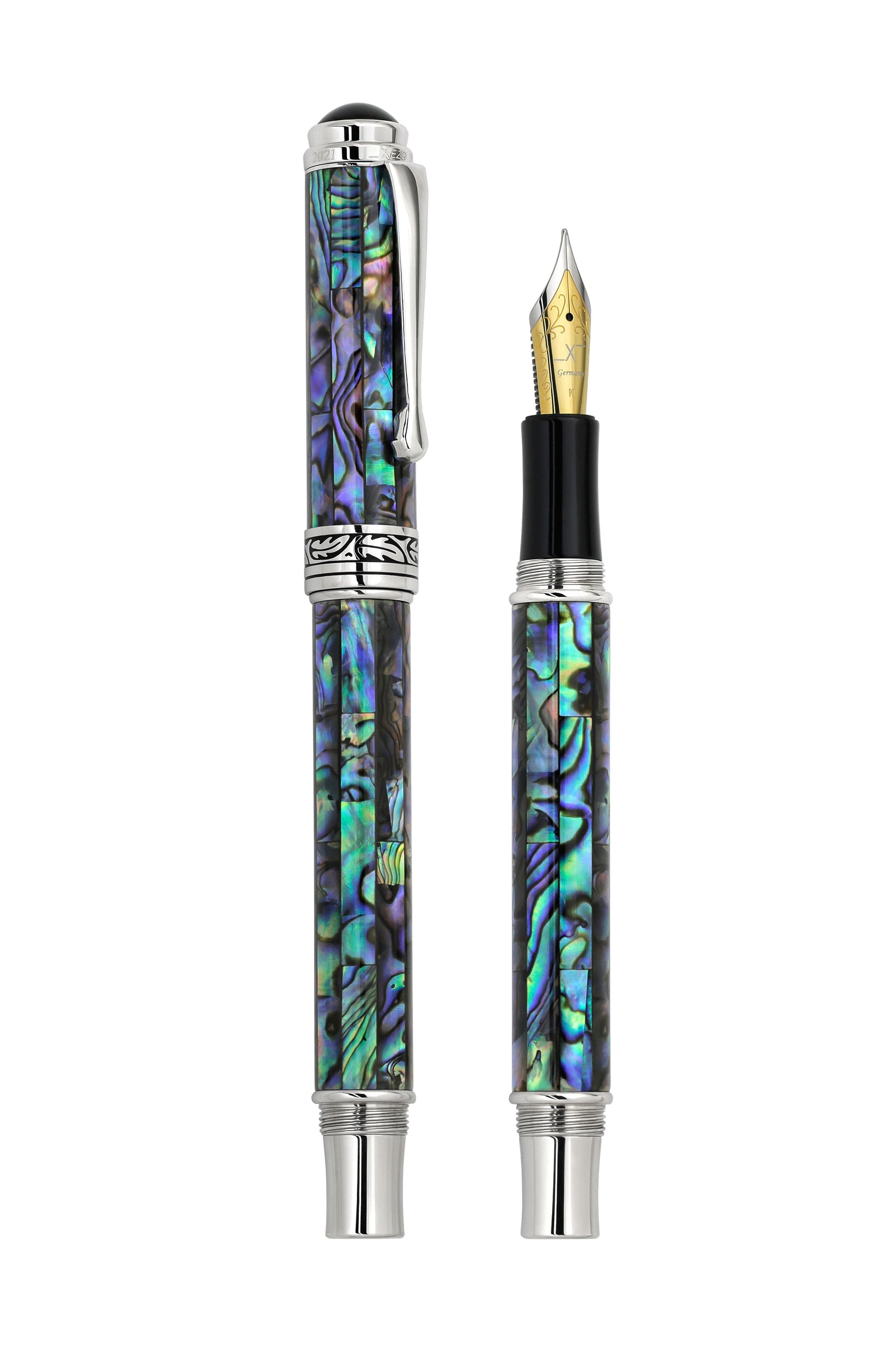 Maestro® Paua Abalone Sea Shell Fountain Pen (Medium Nib) and Rollerball Pen Set - Platinum Plated