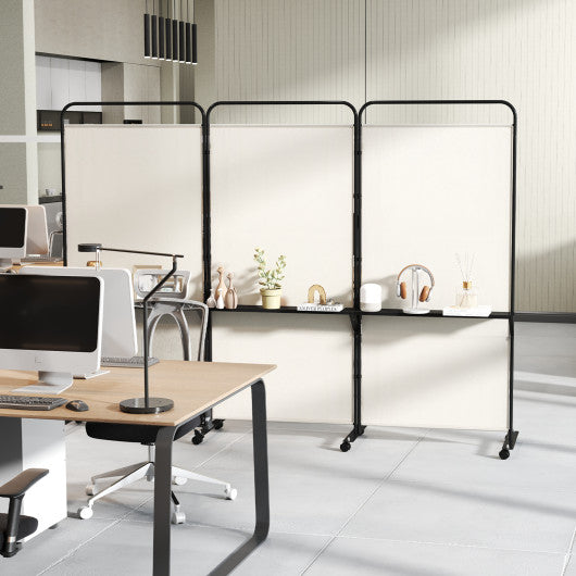 3-Panel Folding Room Divider with 3 Metal Shelves and Lockable Wheels-White