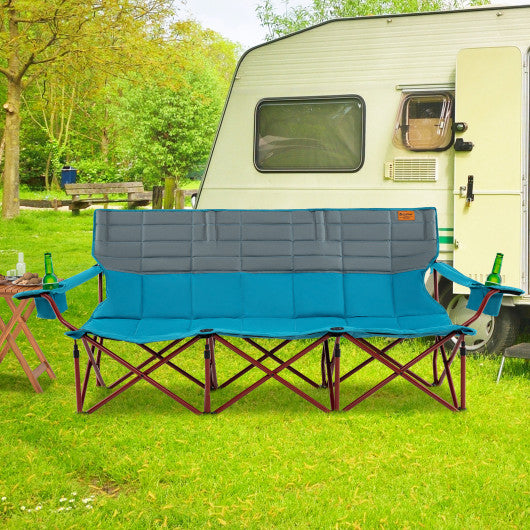 3 Person Folding Camping Chair with 2 Cup Holders Cotton Padding & Storage Bag-Blue