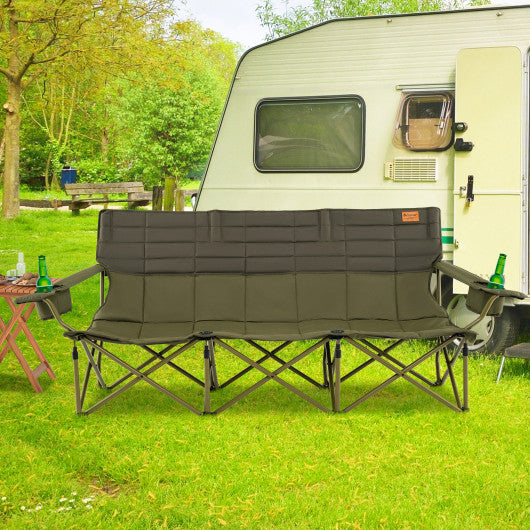 3 Person Folding Camping Chair with 2 Cup Holders Cotton Padding & Storage Bag-Green