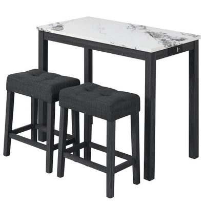 3-Piece Bar Table Set with Charging Station and Faux Marble Top-White