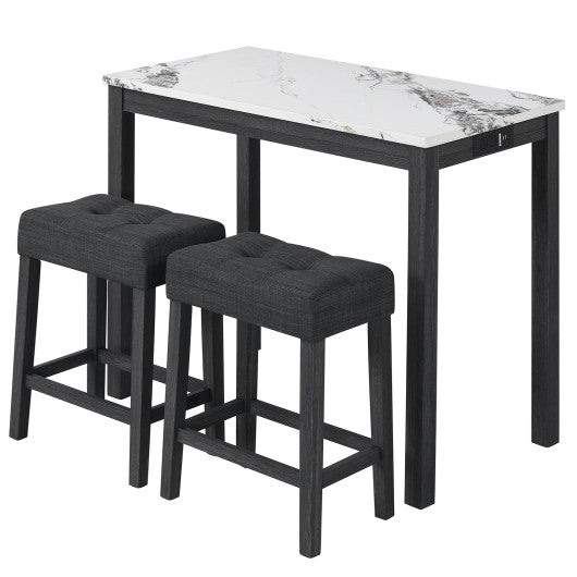 3-Piece Bar Table Set with Charging Station and Faux Marble Top-White