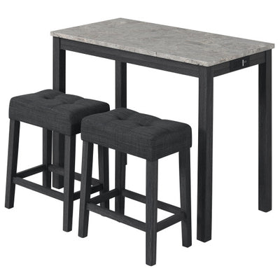 3-Piece Bar Table Set with Charging Station and Faux Marble Top-Gray