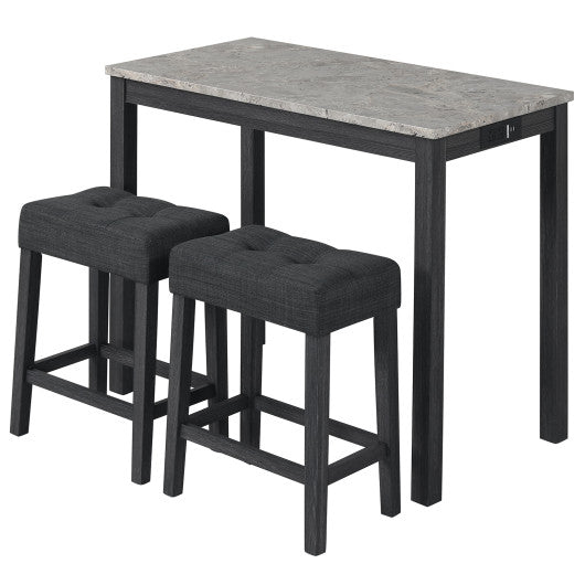 3-Piece Bar Table Set with Charging Station and Faux Marble Top-Gray