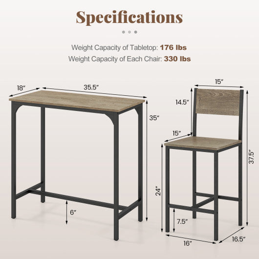 3 Piece Bar Table Set with Backrest and Footrest for Small Space-Gray