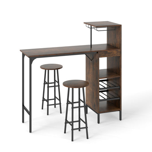 3 Piece Bar Table and Chairs Set with 6-Bottle Wine Rack-Rustic Brown