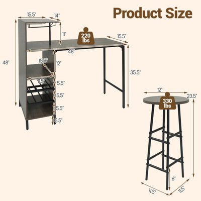 3 Piece Bar Table and Chairs Set with 6-Bottle Wine Rack-Oak