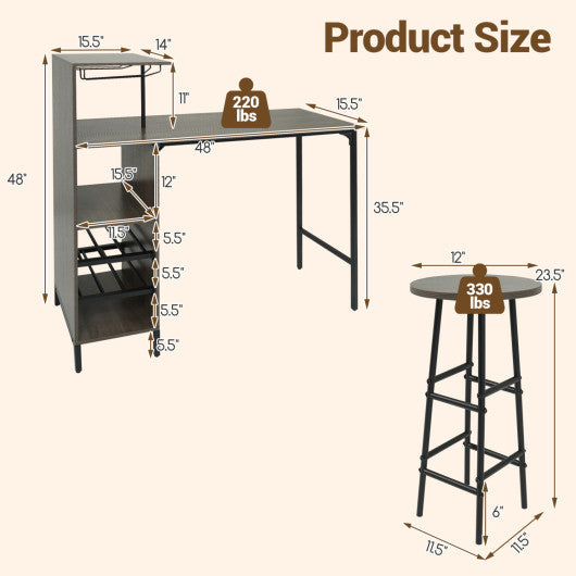 3 Piece Bar Table and Chairs Set with 6-Bottle Wine Rack-Oak