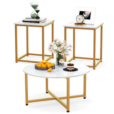 3-Piece Coffee Table Set Round Coffee Table and 2PCS Square End Tables-White and Gold